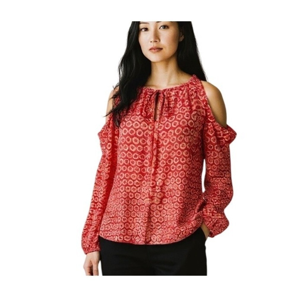 Michael Kors Orange Red Open Shoulder Keyhole Blouse LARGE Bohemian NWT